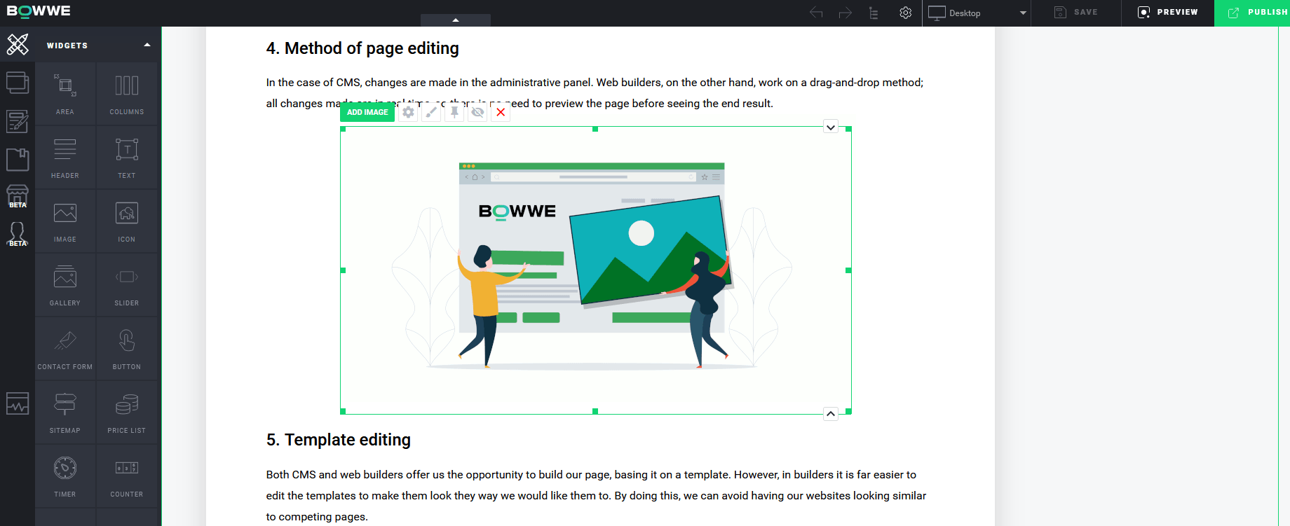 Screenshot of the BOWWE website builder